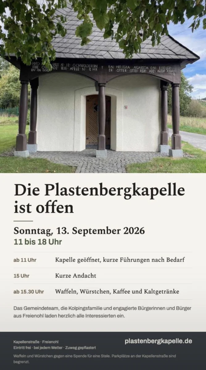 Die Plastenbergkapelle besichtigen – Am 13. September